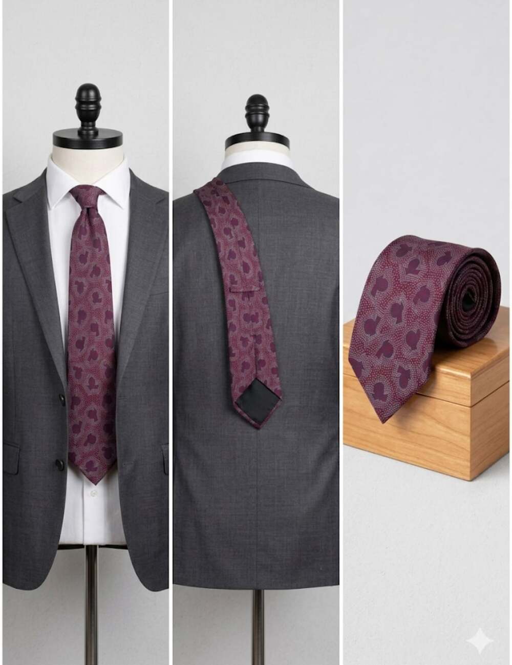 Vintage Italian Silk Necktie in Burgundy with Abstract Geometric Dot Pattern
